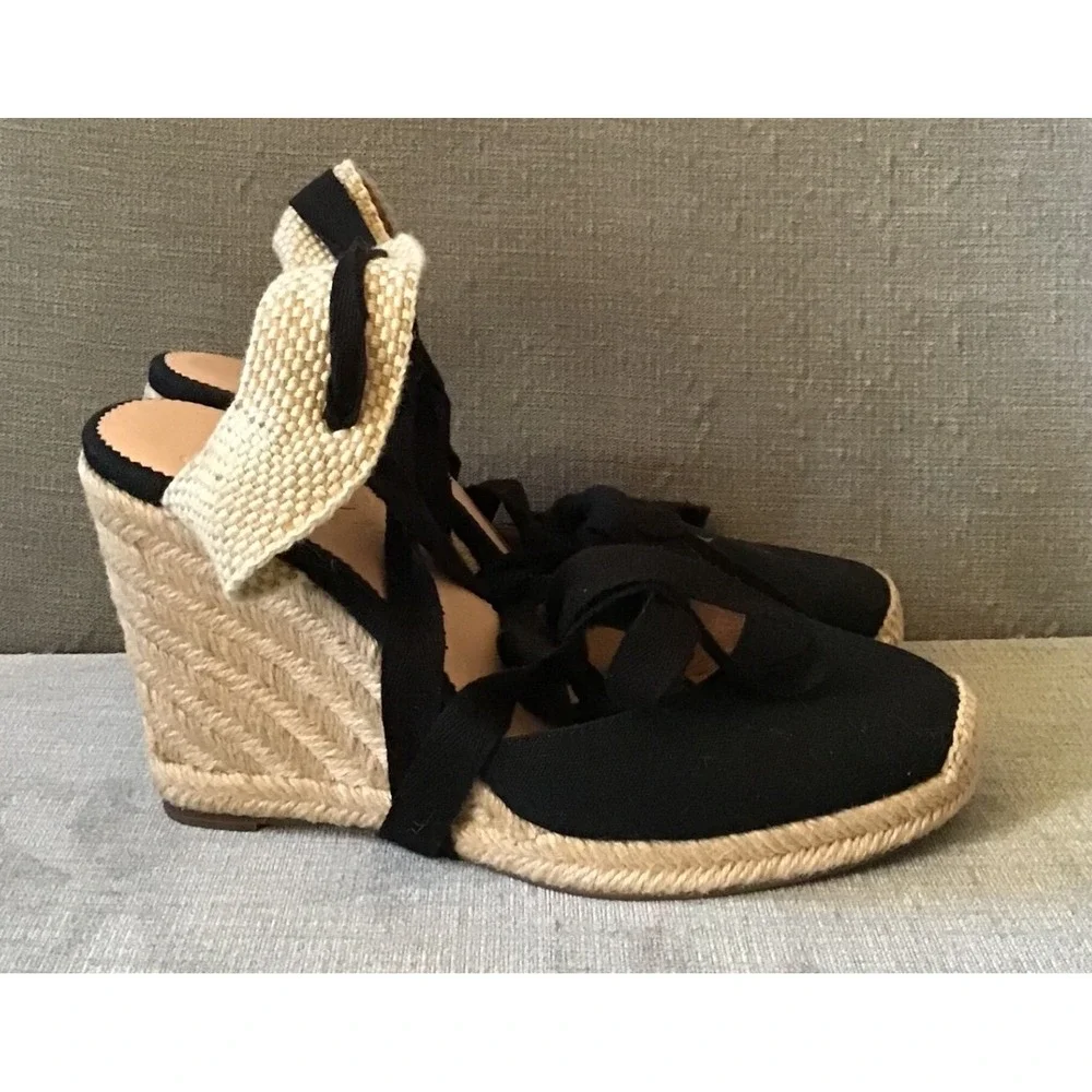 J Crew Black Canvas Espadrille Wedge Chunky‎ Sandals Lace Up Ankle Strap
